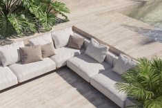 Porcelanato Série Taj Mahal, Roca Cerámica: reproduz a aparência do quartzito brasileiro, indicado para áreas de circulação ao redor de piscinas, pisos de banheiro e garagem por conta do acabamento ABS de alta aderência.